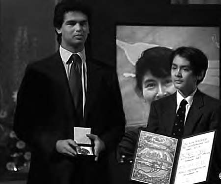 Aung San Suu Kyi’s sons Alexander and Kim Aris accepting the 1991 Nobel Peace Prize medal and diploma on behalf of their mother. 