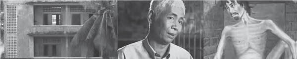Screen captures from the documentary showing (left to right): S-21 building, an artist who survived the prison and one of his paintings, Kaing Guek Eav (Duch), and photos of some of the victims on the wall of the museum.