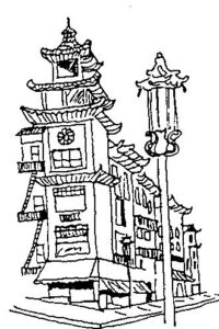 line drawing of a street with tall apartments and a streetlight