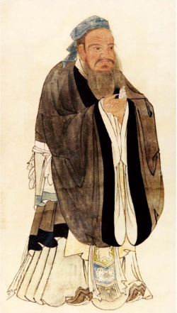 This is the portrait of Confucius. He wears a blue hat and traditional dress-like clothes. He has long beard and thick eyebrow. He crosses his hand in front of his body. 