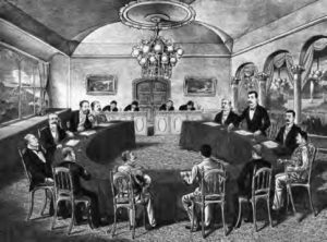 illustration of men sitting around a horseshoe-shaped table
