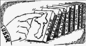 illustration showing a finger labeled USSR pushing dominos over with names "lads, vietnam, taiwan, korea, philippines, japan, canada, united states"