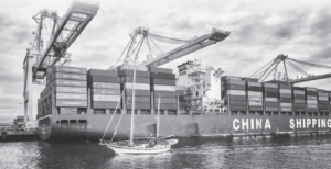 Image of Chinese container ship at the port 