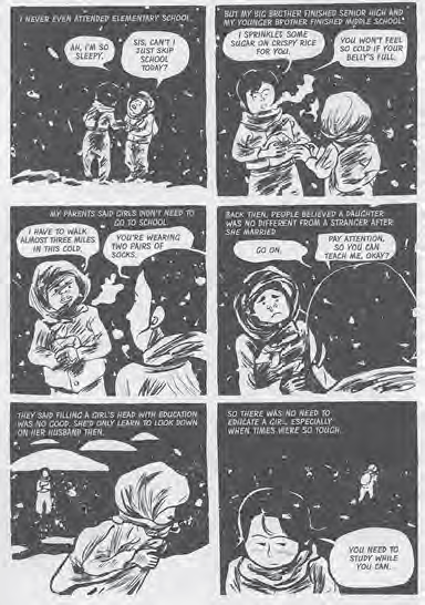 comic book page of a brother and sister talking about school and how far they have to walk