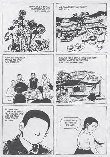 comic book page of a woman's family and her day