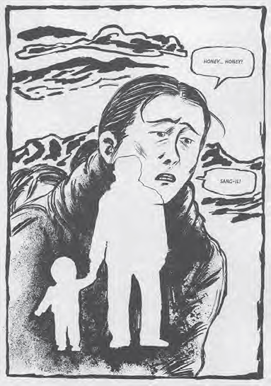 illustration of a silhouette of a man and child with an image of a woman saying "honey...honey"