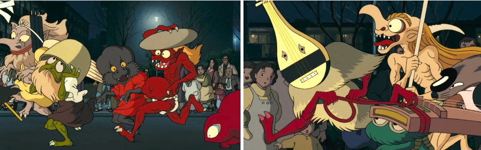 Two screen captures from Pom Poko (1994), dir. Isao Takahata.