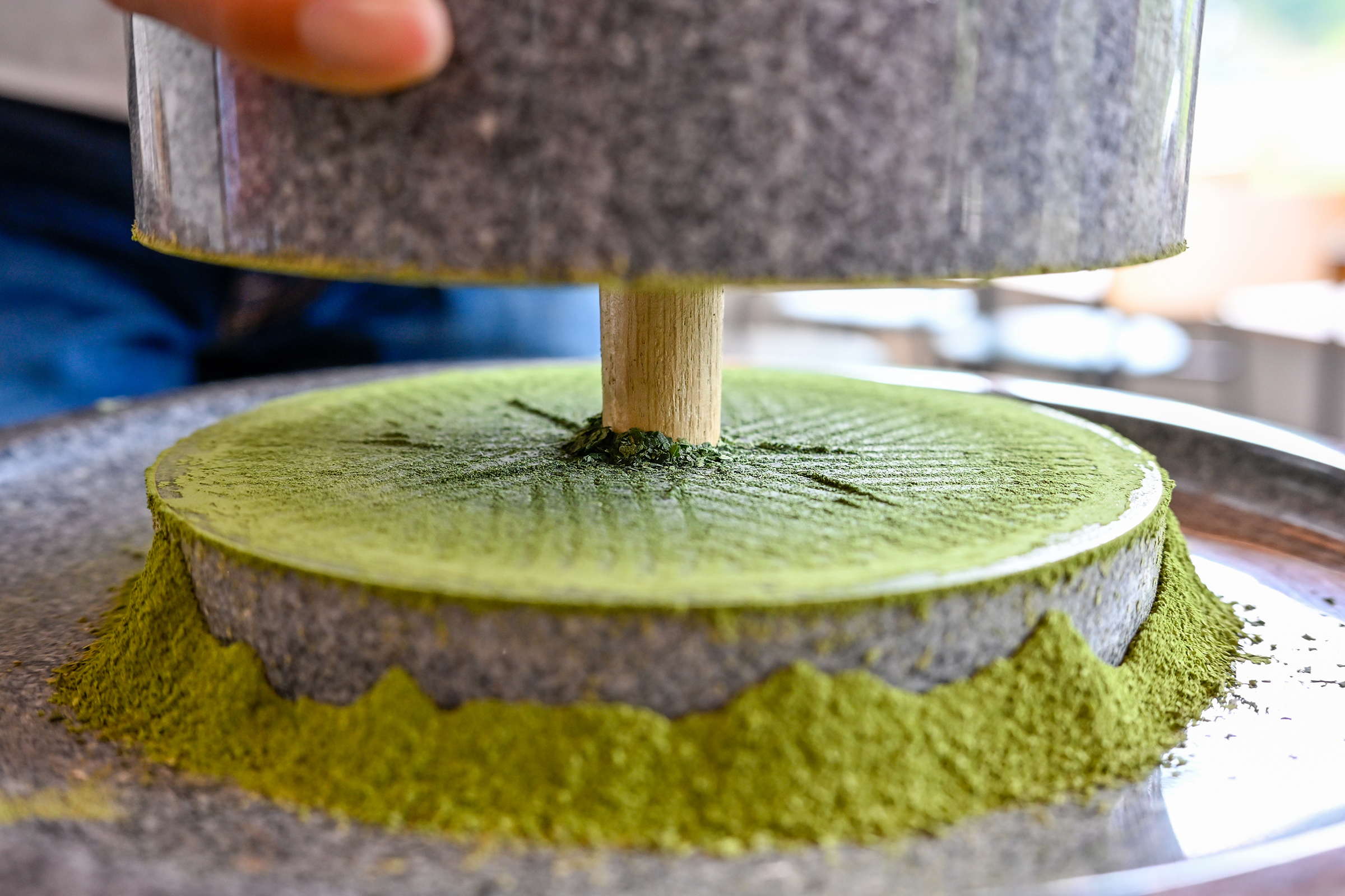Chausu: A modern stone grinder with the leaves (tencha) on top and some ground tea (matcha) at the base.