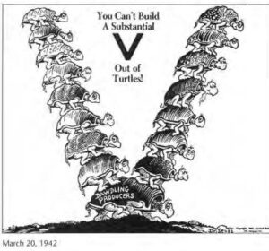 the illustration features several turtles standing on top of each other in the shape of a V. the image says "you can't build a substantial V out of turtles!" and the bottom turtle's shell has "dawdling producers" on it