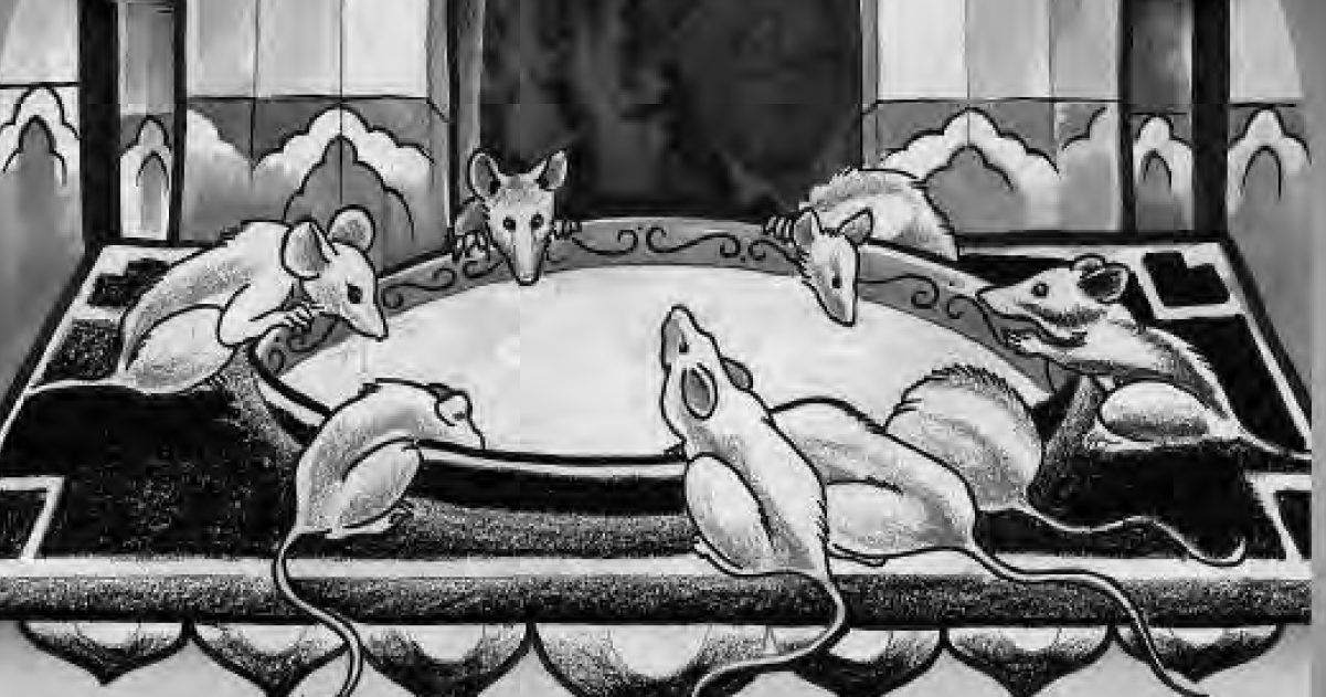 illustration of several mice drinking milk from a bowl