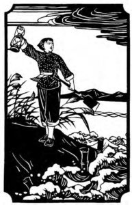 a woman standing at the edge of the water holding a lantern and shovel