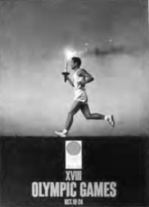 event poster for the eighteenth Olympic games, showing a man running with a torch
