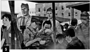 Pictures of people eating and walking in the street