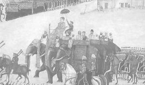 painting of a military procession with elephants and horses