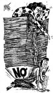 illustration of a man being crushed by a woman and debt